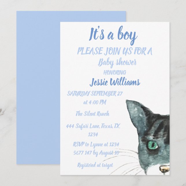 Invitation Cute Chat Kitty Kitten Bleu Bébé garçon douche (Devant / Derrière)