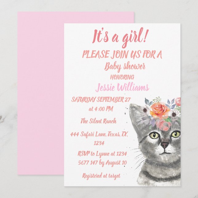 Invitation Cute Chat Kitty Kitten Rose Floral Baby Girl Boho  (Devant / Derrière)