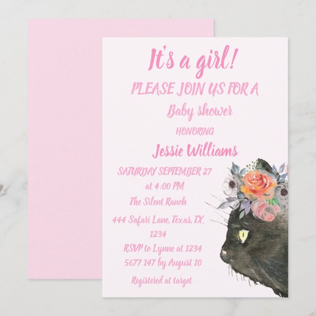 Invitation Cute Chat Kitty Kitten Rose Girl Baby shower Invit (Devant / Derrière)