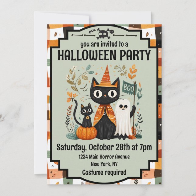 Invitation Cute chat noir et fantôme Halloween Boo (Devant)