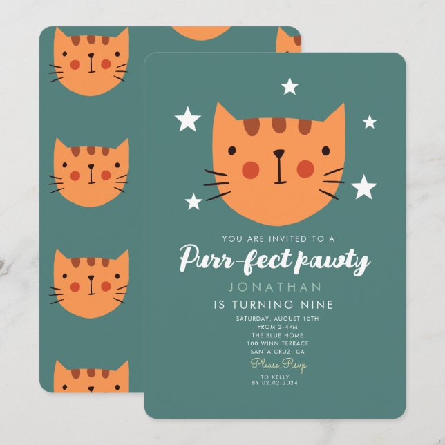 Invitation Cute Chat Orange Vert Anniversaire (Devant / Derrière)