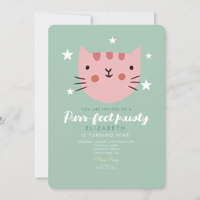 Invitation Cute Chat Rose Vert Anniversaire (Devant)