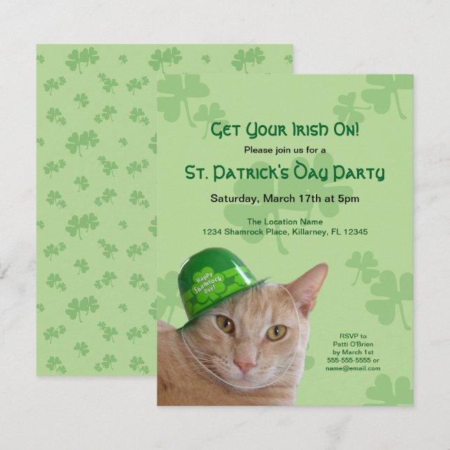 Invitation Cute Chat Shamrock Casquette St. Patrick's Day Par (Devant / Derrière)