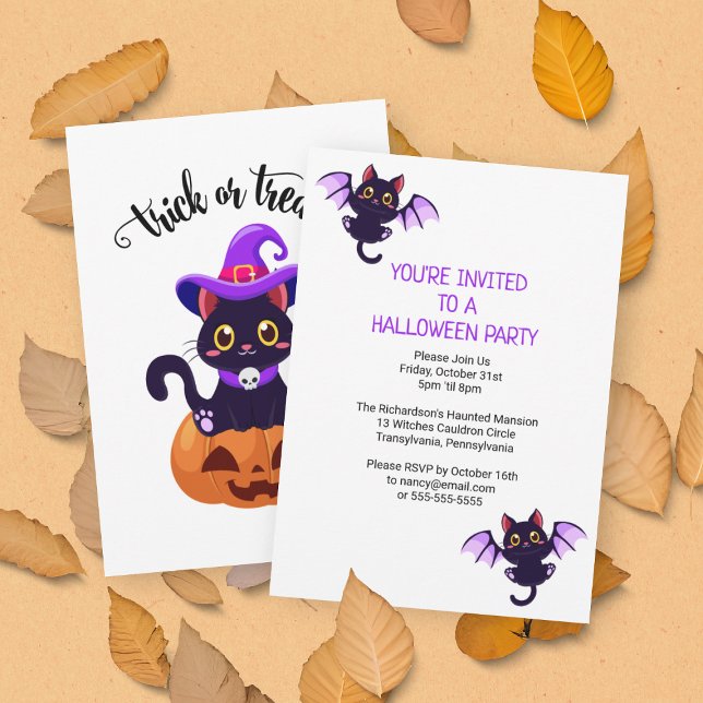 Invitation Cute Chats Noirs Fête d'Halloween personnalisée (Front and Back View)