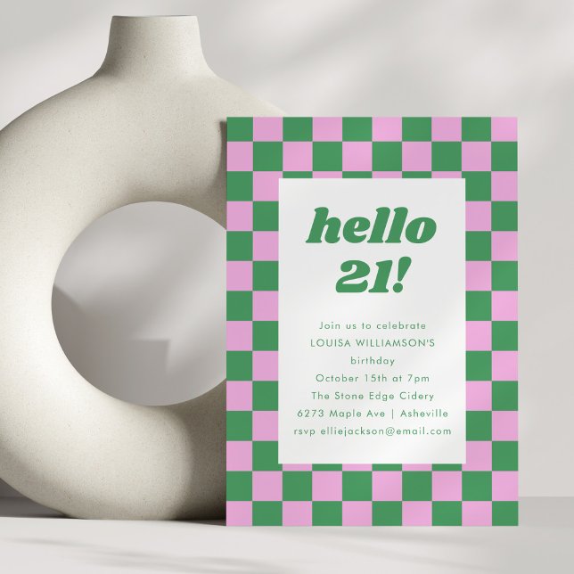 Invitation Cute Checkerboard rose Vert 21e fête d'anniversair (Créateur téléchargé)