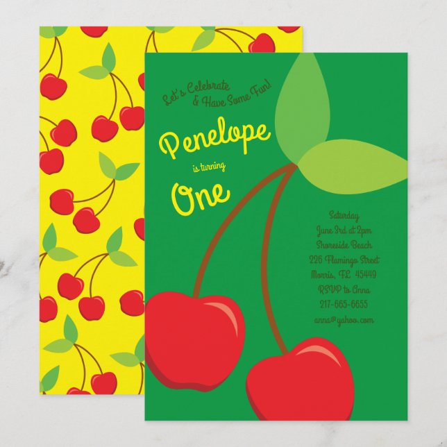 Invitation Cute Cherries Enfants 1er anniversaire Cerise (Devant / Derrière)
