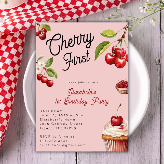 Invitation Cute Cherry First 1st Girl Anniversaire rose (Créateur téléchargé)