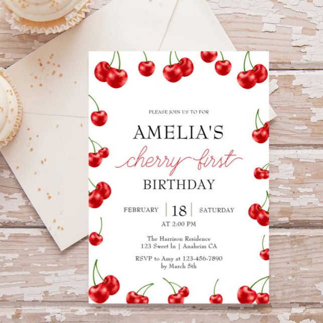 Invitation Cute Cherry Girl Berry Première fête d'anniversair (Créateur téléchargé)