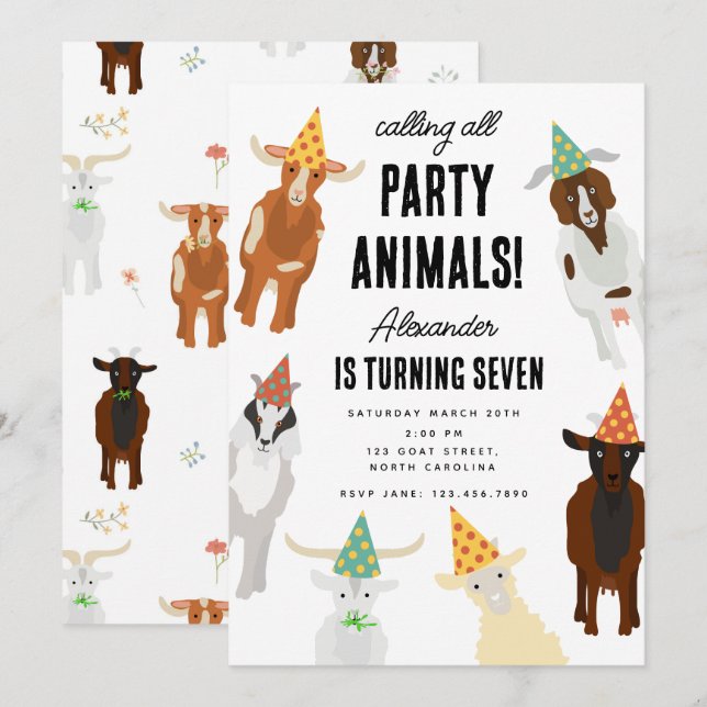 Invitation Cute Chèvres Ferme Animaux Chèvre Anniversaire Thè (Devant / Derrière)