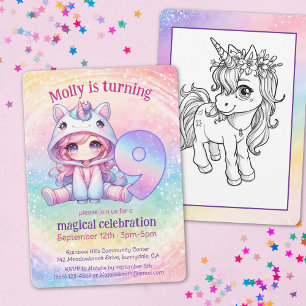Invitation Cute Chibi Girl Unicorn 9e anniversaire fête