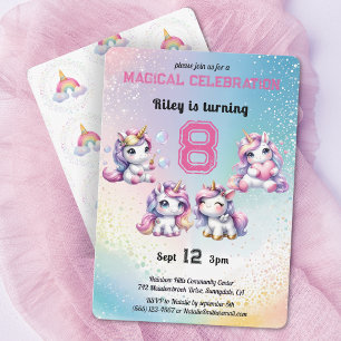 Invitation Cute Chibi Unicorn n'importe quel âge fête d'anniv