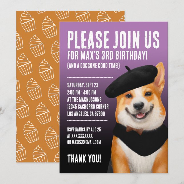 Invitation Cute Chic Corgi Chien Portant Beret & Bandana (Devant / Derrière)