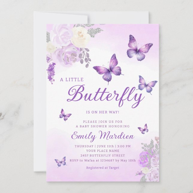 Invitation Cute Chic Purple Floral Butterfly Girl Baby shower (Devant)