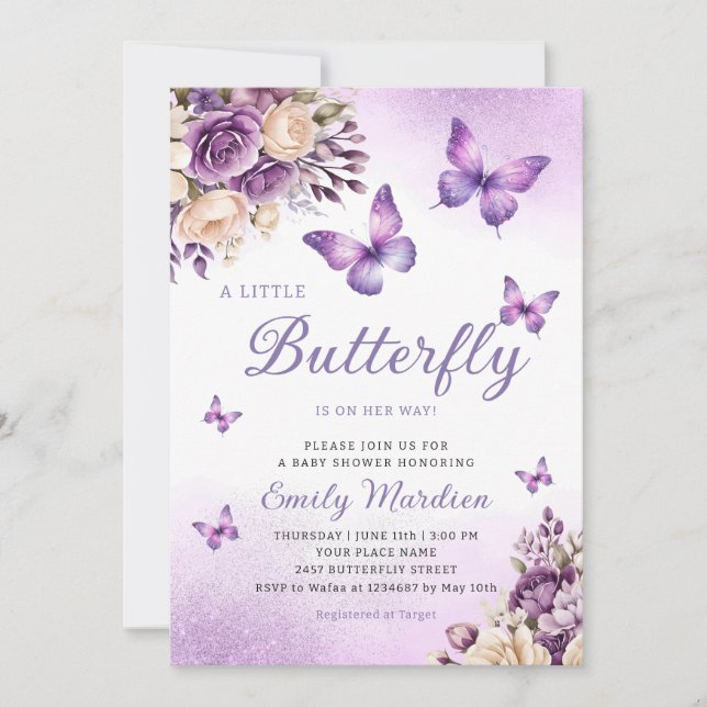 Invitation Cute Chic Purple Floral Butterfly Girl Baby shower (Devant)