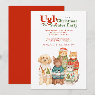 Invitation Cute Christmas Pets Sweater Party Red TMF26