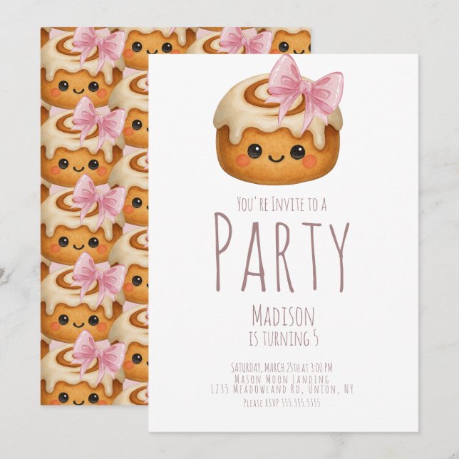 Invitation Cute Cinnamon Roll Bun Girl Birthday Party (Devant / Derrière)