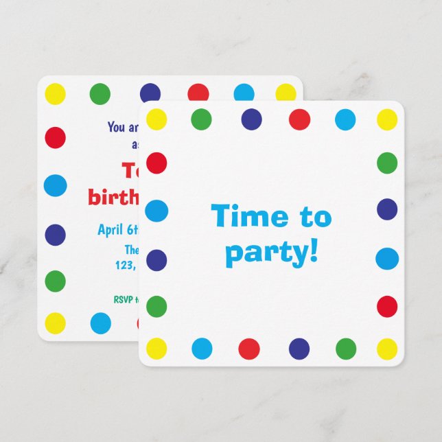 Invitation Cute & Colorful Dots Kids Birthday Party (Devant / Derrière)