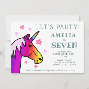 Invitation Cute Colorful Rose Unicorn Star Anniversaire de en