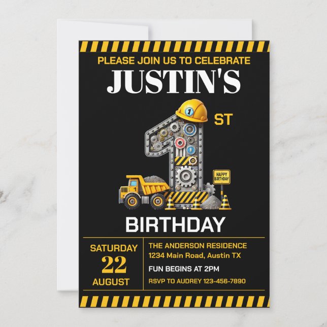 Invitation Cute Construction 1ère fête d'anniversaire (Devant)