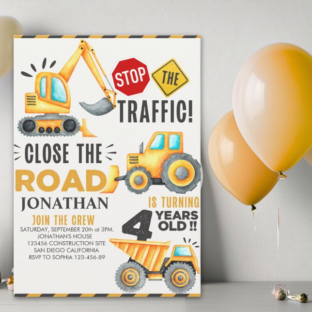 Invitation Cute Construction Birthday Party 4th Years (Créateur téléchargé)