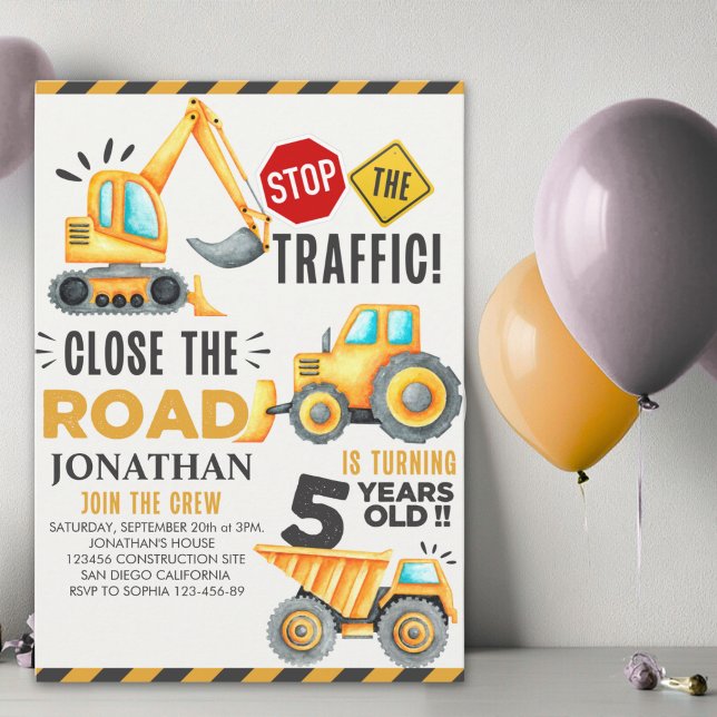 Invitation Cute Construction Birthday Party 5th Years (Créateur téléchargé)