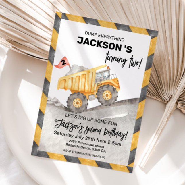 Invitation Cute Construction Camion de vidage 2e anniversaire (Construction dump truck birthday invitation)