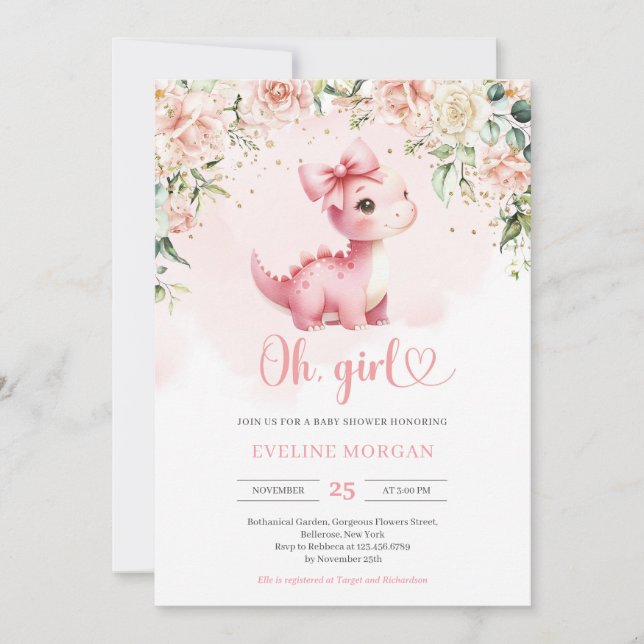 Invitation Cute coquette bébé dinosaure C'est une Fille flora (Devant)