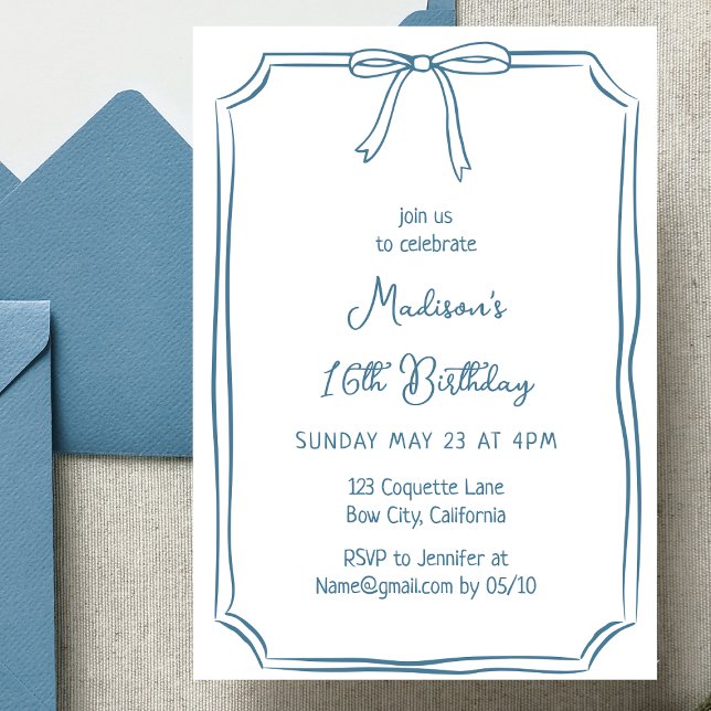 Invitation Cute Coquette Main Draw Bow Whimsical Anniversaire (Créateur téléchargé)