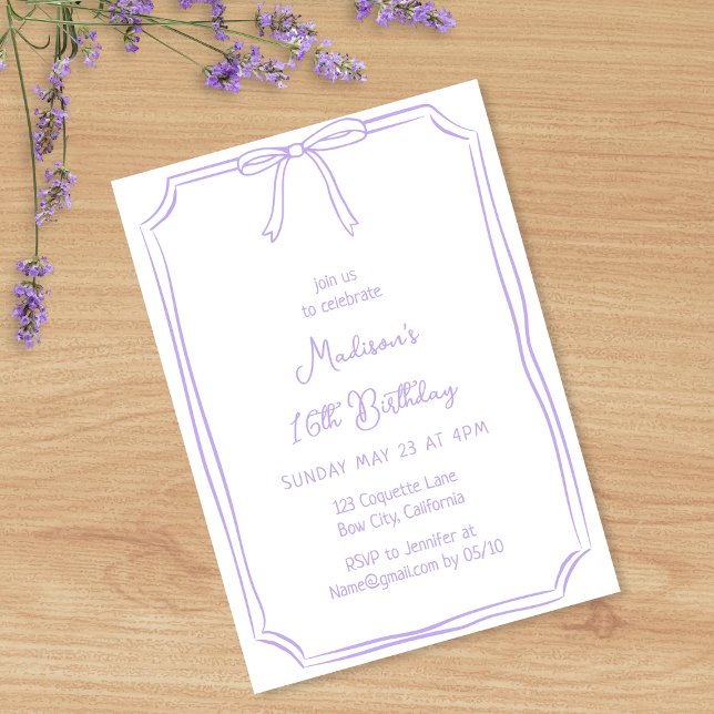 Invitation Cute Coquette Main Draw Bow Whimsical Anniversaire (Créateur téléchargé)