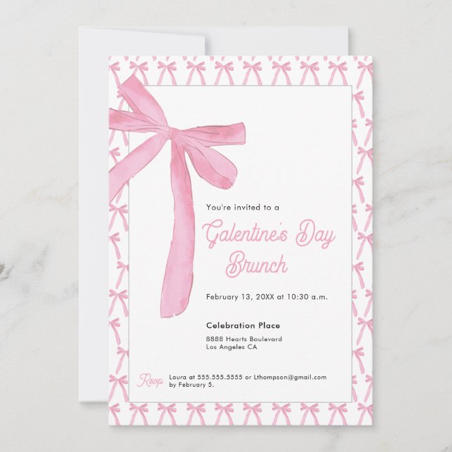 Invitation Cute Coquette Pink Bow Galentine’s Day Brunch (Devant)