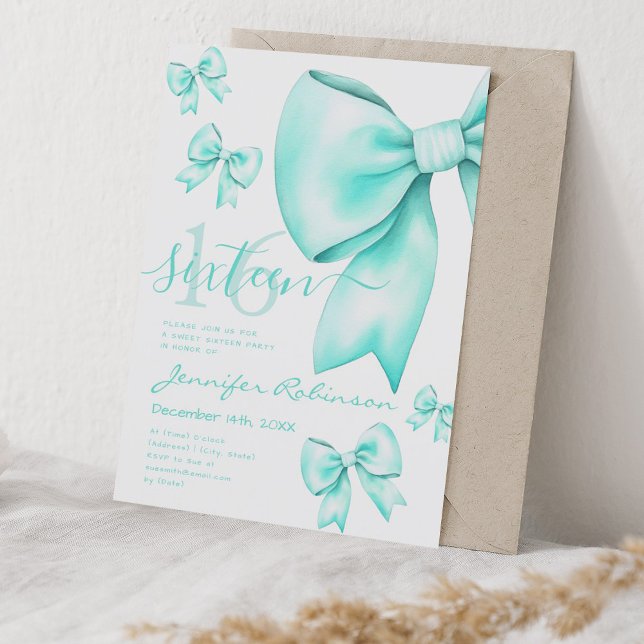 Invitation Cute Coquette Turquoise Bow Sweet 16 (Cute Coquette Turquoise Bow Sweet 16 Invitation)