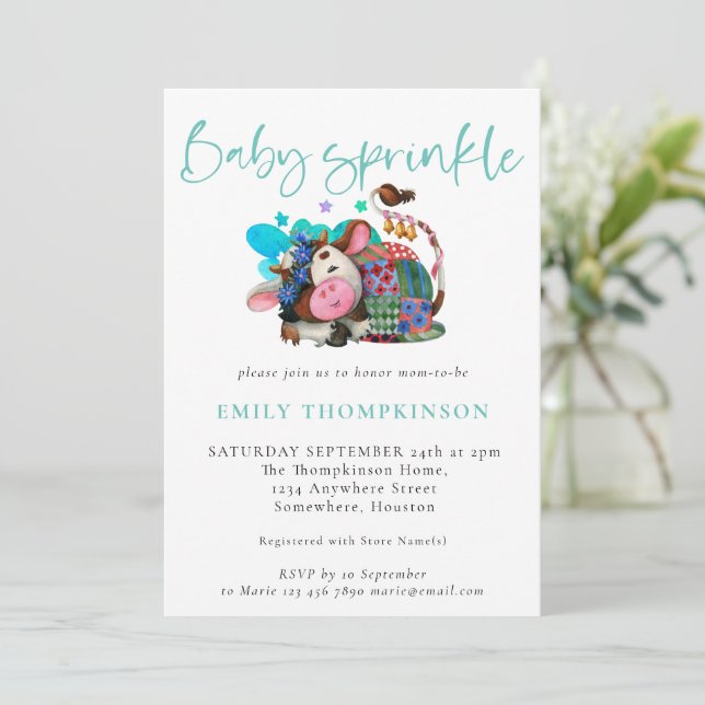 Invitation Cute Cow Asleep Farm Turquoise Baby Sprinkle (Debout devant)
