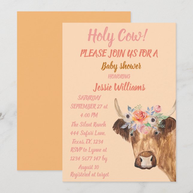 Invitation Cute Cow Boho Pays Bébé Fille Floral Occidental (Devant / Derrière)