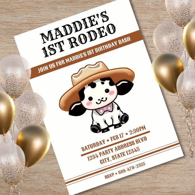 Invitation Cute Cow Cowboy Casquette 1er anniversaire (Cute Cow Cowboy Hat 1st Birthday Party Invitation)