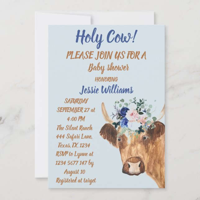Invitation Cute Cow Farm Pays Bébé Garçon Western Floral (Devant)