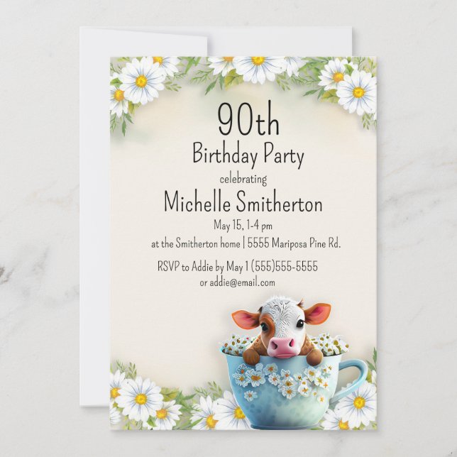 Invitation Cute Cow Teacup Daisies 100e fête d'anniversaire (Devant)