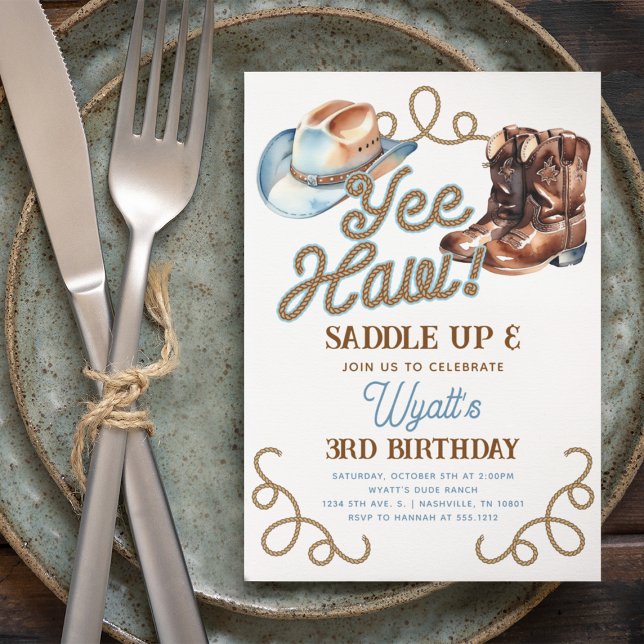 Invitation Cute Cowboy Bottes Blue Yee Haw Rodeo Anniversaire (Cute Cowboy Boots Blue Yee Haw Rodeo Birthday Invitation)