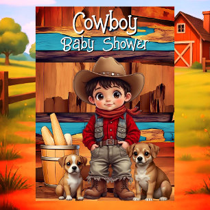 Invitation Cute Cowboy Boy Chiens Baby showers Rouge Bleu