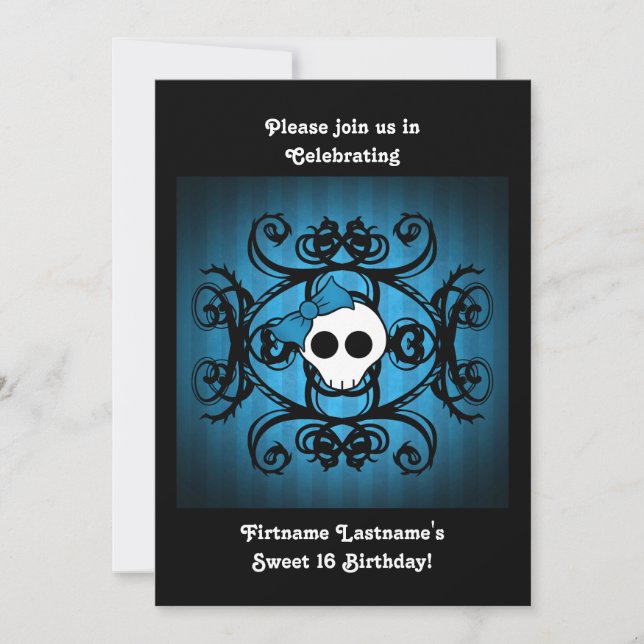Invitation Cute crâne gothique bleu et noir 5x7 doux 16 (Devant)