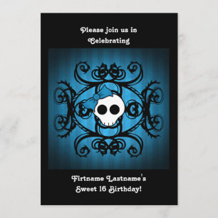 Invitation Cute crâne gothique bleu et noir 5x7 doux 16