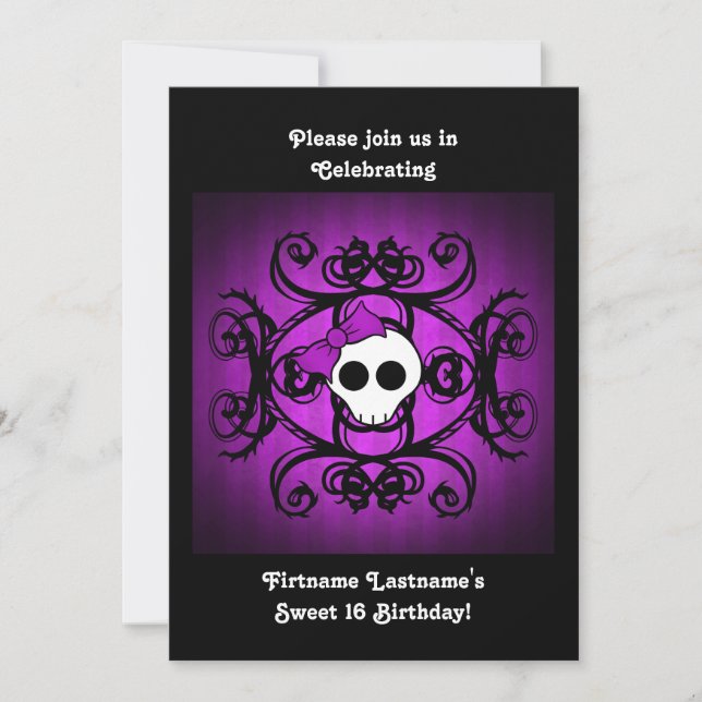 Invitation Cute crâne gothique violet et noir 5x7 doux 16 (Devant)
