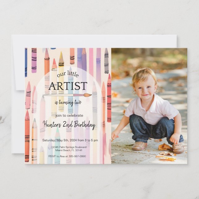Invitation Cute Crayon Pastel Petit Artiste Photo Anniversair (Devant)