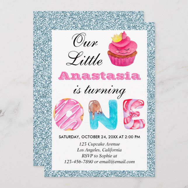 Invitation Cute Cupcake Bleu clair Parties scintillant 1er an (Devant / Derrière)