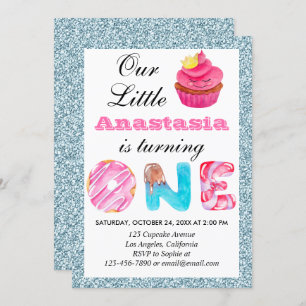 Invitation Cute Cupcake Bleu clair Parties scintillant 1er an