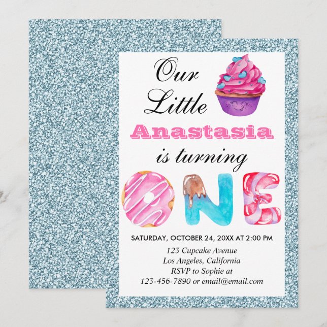 Invitation Cute Cupcake Bleu clair Parties scintillant 1er an (Devant / Derrière)
