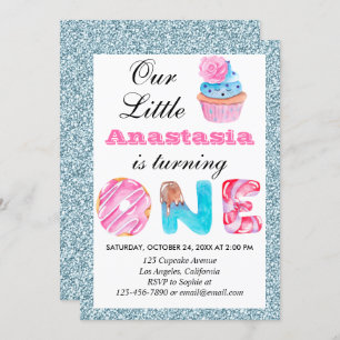 Invitation Cute Cupcake Bleu clair Parties scintillant 1er an