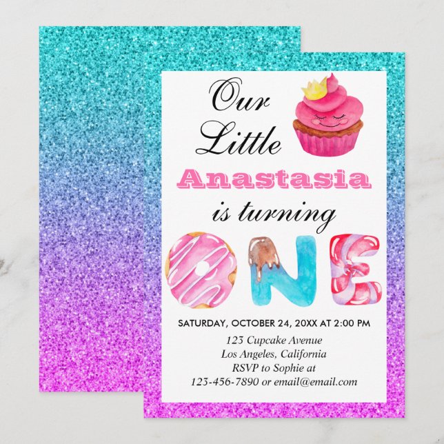 Invitation Cute Cupcake Blue Purple Parties scintillant 1er a (Devant / Derrière)
