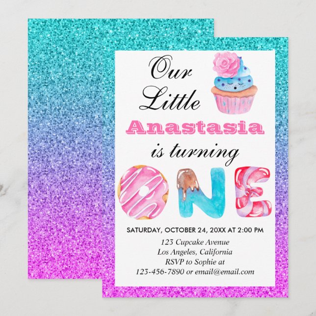 Invitation Cute Cupcake Blue Purple Parties scintillant 1er a (Devant / Derrière)