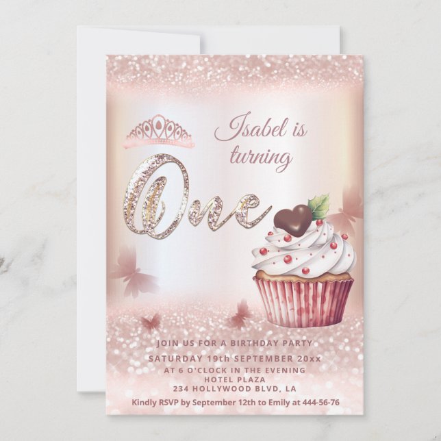 Invitation Cute Cupcake Rose or glitterie papillon tiara (Devant)