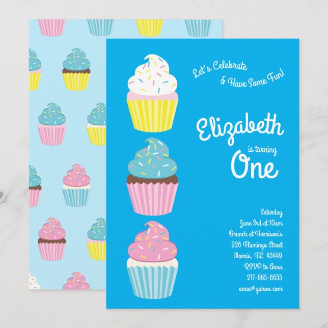 Invitation Cute Cupcakes 1er anniversaire aux enfants (Devant / Derrière)